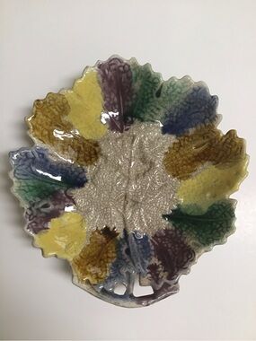Antique Majolica Leaf Plate 1880's ? Morley & Co. Wellsville OH  7x7” Colorful